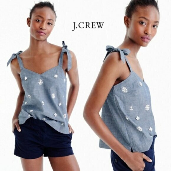 J. Crew Blue Denim Embellished Tie Shoulder Tank Top 4 - Picture 1 of 3